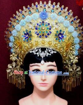 Handmade Thailand Traditional Hair Accessories Ancient Queen Blue Flowers Royal Crown for Women