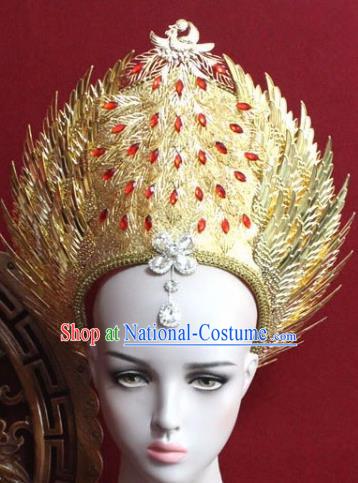 Handmade Thailand Traditional Hair Accessories Ancient Queen Red Crystal Phoenix Royal Crown for Women