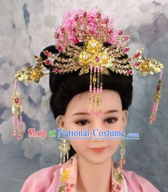 Chinese Ancient Princess Rosy Phoenix Coronet Headwear Traditional Tang Dynasty Queen Hairpins Hair Accessories for Women