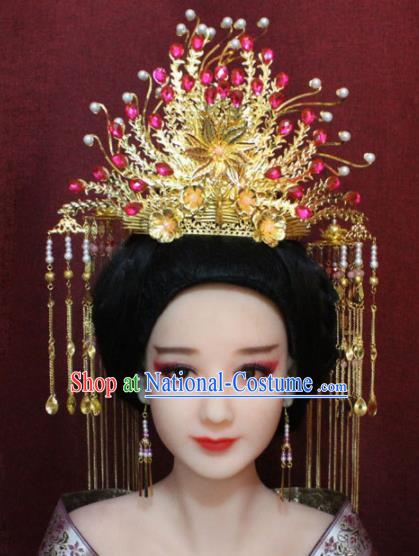 Chinese Ancient Rosy Crystal Phoenix Coronet Headwear Traditional Tang Dynasty Queen Hairpins Hair Accessories for Women