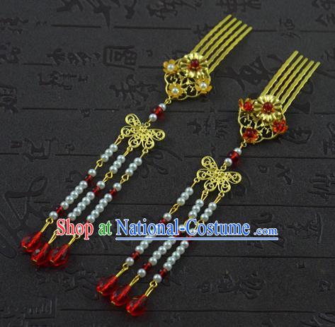 Chinese Ancient Bride Hairpins Traditional Palace Hanfu Tassel Hair Combs Wedding Hair Accessories for Women