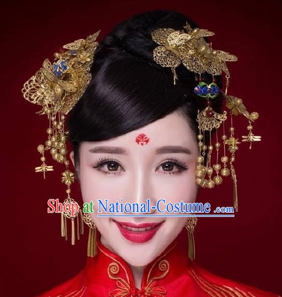 Chinese Ancient Bride Cloisonne Hairpins Traditional Palace Wedding Hair Accessories Complete Set for Women