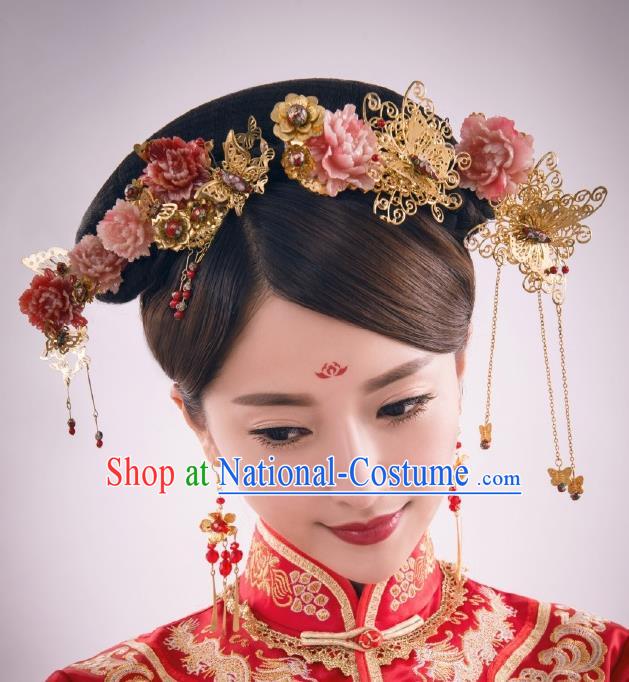 Chinese Ancient Bride Pink Peony Hairpins Traditional Palace Wedding Hair Accessories Complete Set for Women