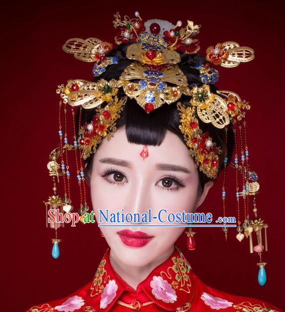 Chinese Ancient Bride Cloisonne Hairpins Jade Phoenix Coronet Traditional Palace Wedding Hair Accessories Complete Set for Women