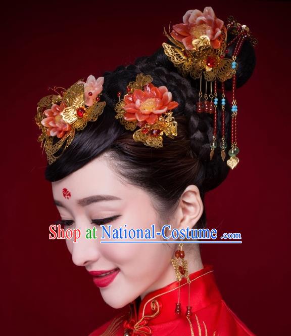 Chinese Ancient Bride Hairpins Red Lotus Phoenix Coronet Traditional Palace Wedding Hair Accessories Complete Set for Women