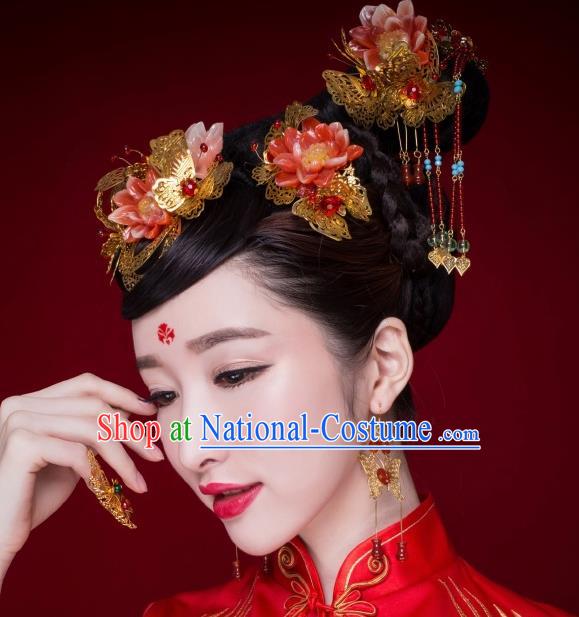 Chinese Ancient Bride Hairpins Red Lotus Phoenix Coronet Traditional Palace Wedding Hair Accessories Complete Set for Women