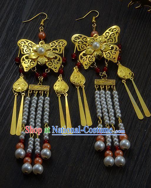 Handmade Chinese Hanfu Golden Butterfly Tassel Earrings Traditional Ancient Princess Ear Accessories for Women