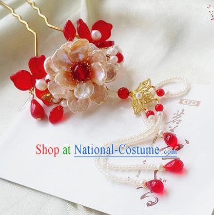 Chinese Ancient Princess Shell Peony Tassel Hairpins Traditional Palace Hair Accessories for Women