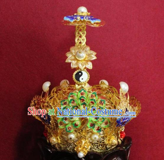 Handmade Chinese Taoism Cloisonne Lotus Hairdo Crown Traditional Ancient Taoist Swordsman Hair Accessories for Men