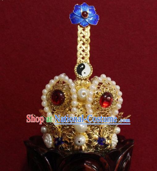 Handmade Chinese Taoism Pearls Golden Hairdo Crown Traditional Ancient Taoist Swordsman Hair Accessories for Men