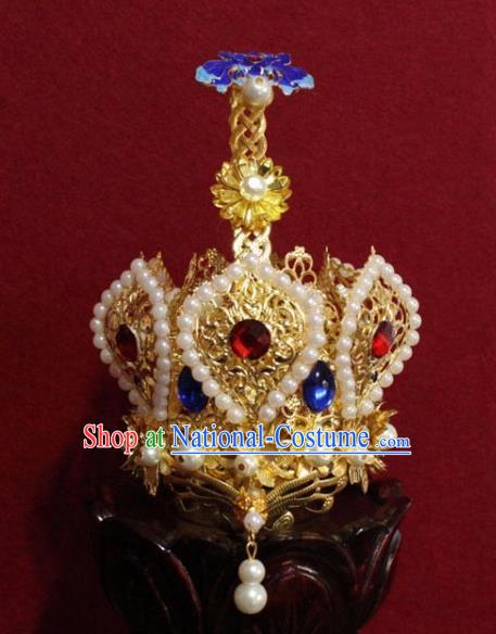 Handmade Chinese Taoism Cloisonne Pearls Hairdo Crown Traditional Ancient Taoist Swordsman Hair Accessories for Men