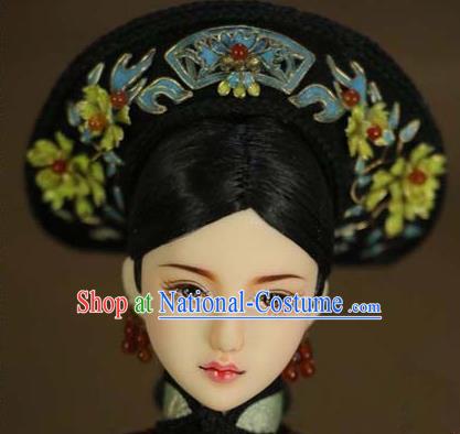 Chinese Ancient Palace Imperial Consort Cloisonne Lotus Hair Ornament Headwear Traditional Qing Dynasty Manchu Queen Hair Accessories for Women