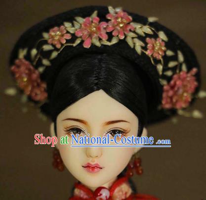 Chinese Ancient Palace Imperial Consort Cloisonne Pink Flowers Hair Ornament Headwear Traditional Qing Dynasty Manchu Hair Accessories for Women