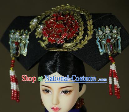 Chinese Ancient Cloisonne Red Peony Headwear Traditional Qing Dynasty Palace Manchu Imperial Consort Hair Accessories for Women