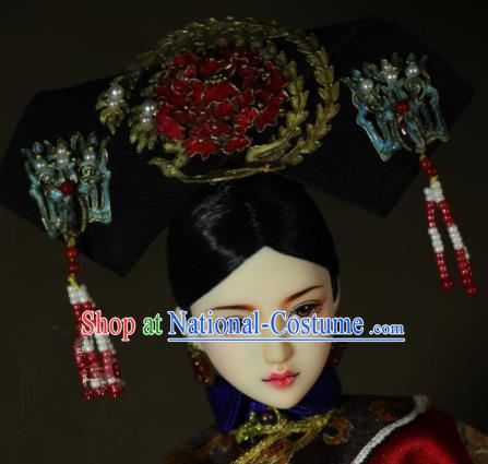 Chinese Ancient Cloisonne Red Peony Headwear Traditional Qing Dynasty Palace Manchu Imperial Consort Hair Accessories for Women