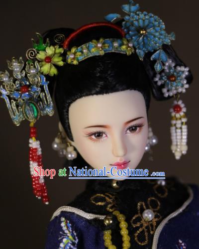 Chinese Ancient Empress Cloisonne Hairpins Headwear Traditional Qing Dynasty Palace Manchu Queen Hair Accessories for Women