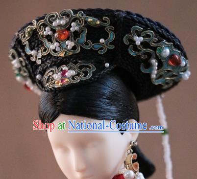 Chinese Ancient Palace Empress Agate Hat Headwear Traditional Qing Dynasty Manchu Queen Hair Accessories for Women