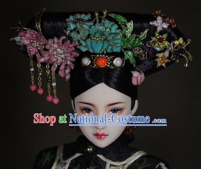 Chinese Ancient Cloisonne Peony Headwear Traditional Qing Dynasty Palace Manchu Imperial Consort Hair Accessories for Women