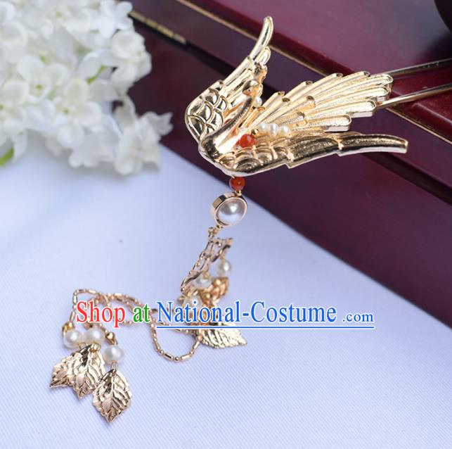 Chinese Ancient Princess Golden Crane Tassel Hairpins Traditional Hanfu Hair Accessories for Women