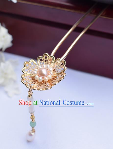 Chinese Ancient Princess Golden Hairpins Pearls Tassel Step Shake Traditional Hanfu Hair Accessories for Women