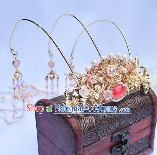 Chinese Ancient Princess Hairpins Pearls Tassel Phoenix Coronet Traditional Hanfu Hair Accessories for Women