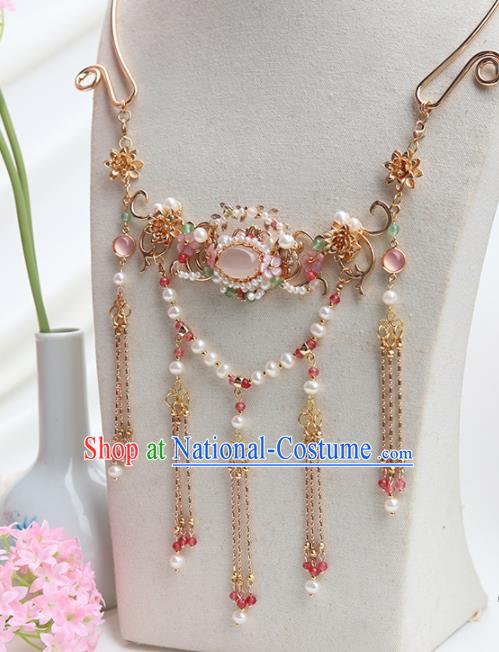 Handmade Chinese Hanfu Necklace Traditional Ancient Princess Rose Chalcedony Necklet Accessories for Women