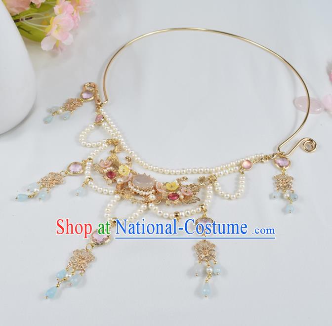 Handmade Chinese Hanfu Necklace Traditional Ancient Princess White Chalcedony Necklet Accessories for Women