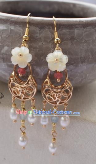 Chinese Ancient Princess Shell Flower Ear Accessories Traditional Hanfu Pearls Tassel Earrings for Women