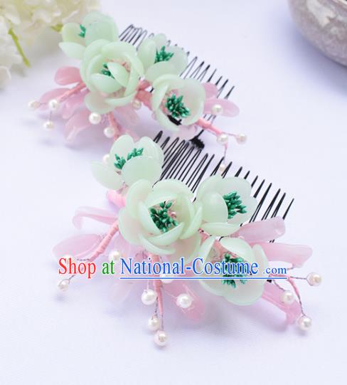 Chinese Ancient Princess Green Flowers Hair Comb Hairpins Traditional Hanfu Hair Accessories for Women