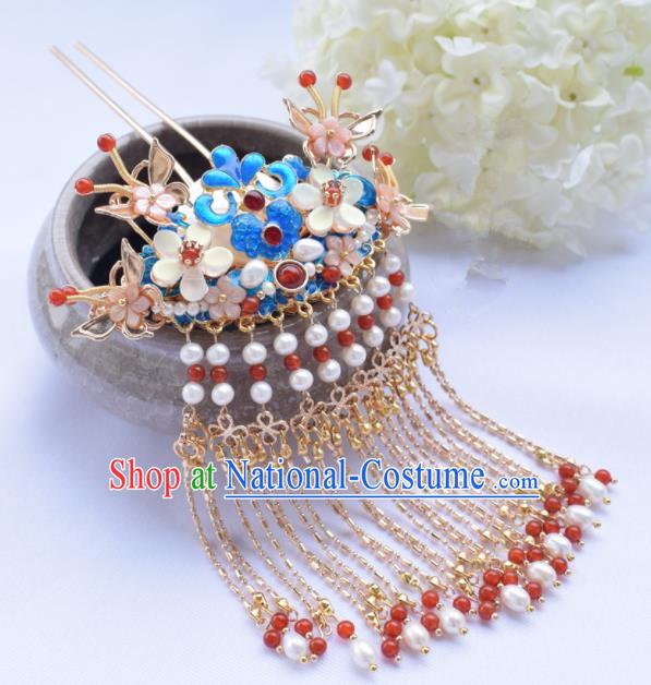 Chinese Ancient Princess Palace Cloisonne Tassel Hairpins Traditional Handmade Hanfu Hair Accessories for Women