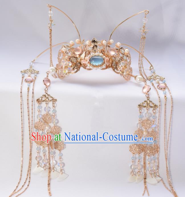 Chinese Ancient Princess Palace Blue Tassel Hair Crown Hairpins Traditional Handmade Hanfu Hair Accessories for Women