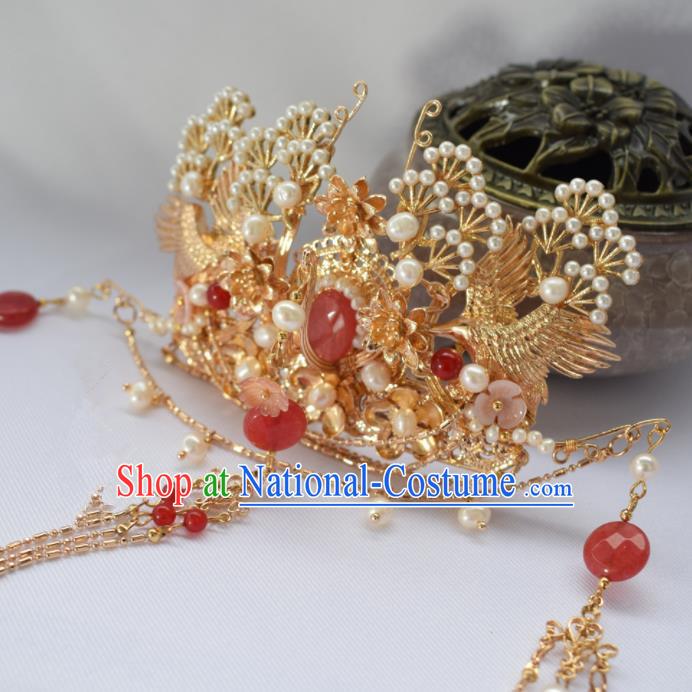 Chinese Ancient Princess Palace Red Tassel Hair Crown Hairpins Traditional Handmade Hanfu Hair Accessories for Women