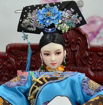 Chinese Ancient Palace Concubine Blueing Peony Headwear Traditional Qing Dynasty Manchu Imperial Consort Hair Accessories for Women