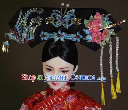 Chinese Ancient Cloisonne Phoenix Headwear Traditional Qing Dynasty Palace Manchu Imperial Consort Hair Accessories for Women