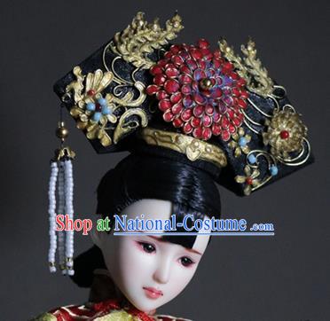 Chinese Ancient Palace Queen Red Peony Phoenix Headwear Traditional Qing Dynasty Manchu Empress Hair Accessories for Women