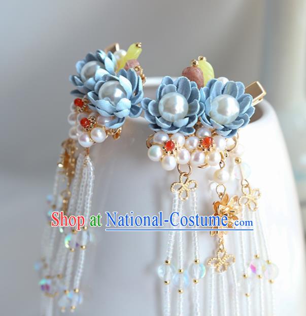 Chinese Ancient Princess Blue Flowers Hair Claws Hairpins Traditional Hanfu Hair Accessories for Women