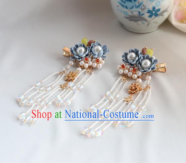 Chinese Ancient Princess Blue Flowers Hair Claws Hairpins Traditional Hanfu Hair Accessories for Women