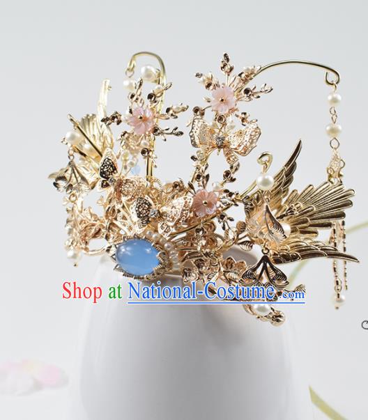 Chinese Ancient Princess Blue Chalcedony Phoenix Coronet Hairpins Traditional Hanfu Hair Accessories for Women