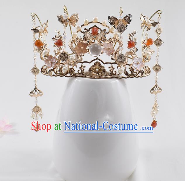 Chinese Ancient Princess Chalcedony Tassel Phoenix Coronet Hairpins Traditional Hanfu Hair Accessories for Women