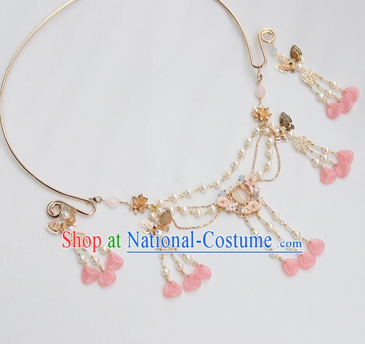 Handmade Chinese Hanfu Pearls Necklace Traditional Ancient Princess Chalcedony Tassel Necklet Accessories for Women