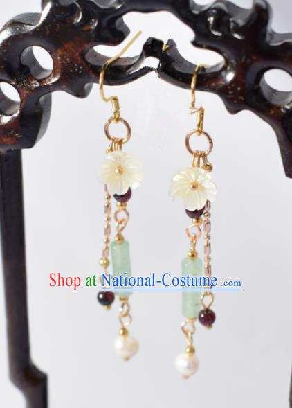 Chinese Ancient Princess Shell Flower Ear Accessories Traditional Hanfu Jade Tassel Earrings for Women