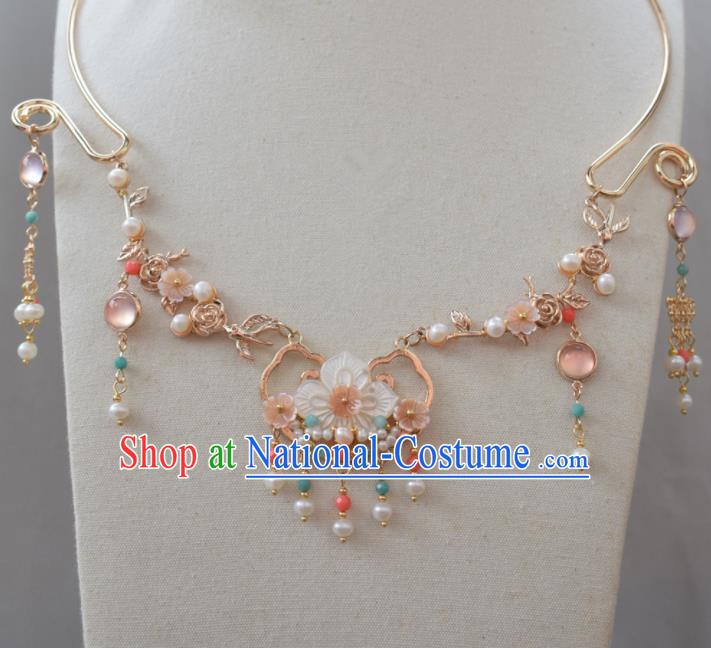 Handmade Chinese Hanfu Necklace Traditional Ancient Princess Shell Flower Necklet Accessories for Women