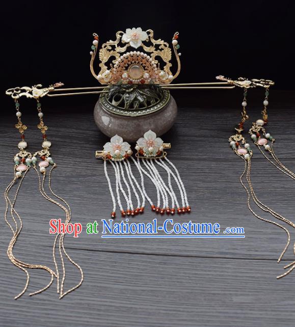 Chinese Ancient Princess Palace Shell Lotus Hair Crown Tassel Hairpins Traditional Handmade Hanfu Hair Accessories Complete Set for Women