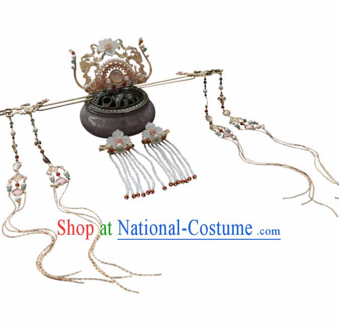 Chinese Ancient Princess Palace Shell Lotus Hair Crown Tassel Hairpins Traditional Handmade Hanfu Hair Accessories Complete Set for Women