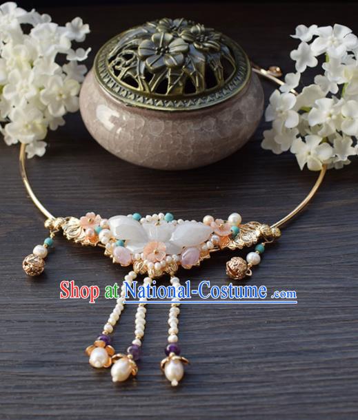 Handmade Chinese Hanfu Jade Necklace Traditional Ancient Princess Tassel Necklet Accessories for Women