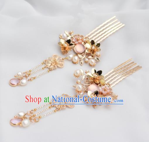 Chinese Ancient Princess Palace Pink Crystal Hair Combs Hairpins Traditional Handmade Hanfu Hair Accessories for Women