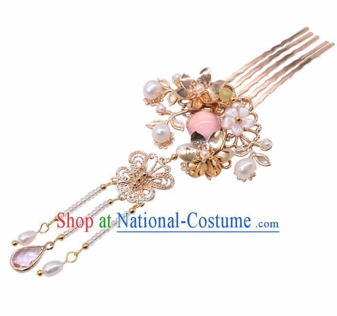 Chinese Ancient Princess Palace Pink Crystal Hair Combs Hairpins Traditional Handmade Hanfu Hair Accessories for Women