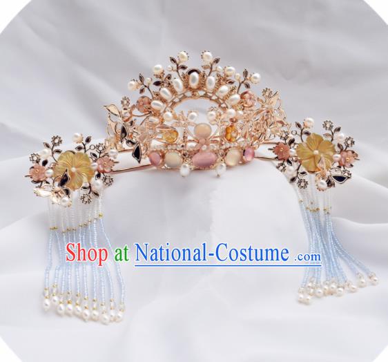 Chinese Ancient Princess Palace Pearls Hair Crown Tassel Hairpins Traditional Handmade Hanfu Hair Accessories for Women