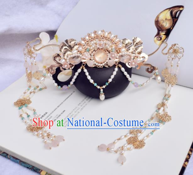 Chinese Ancient Princess Palace Pearls Tassel Hair Crown Hairpins Traditional Handmade Hanfu Hair Accessories for Women