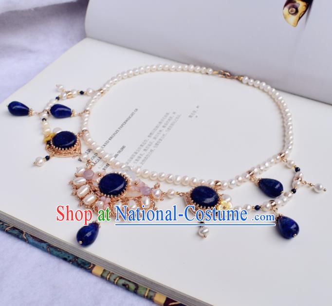 Handmade Chinese Hanfu Blue Stone Necklace Traditional Ancient Princess Necklet Accessories for Women